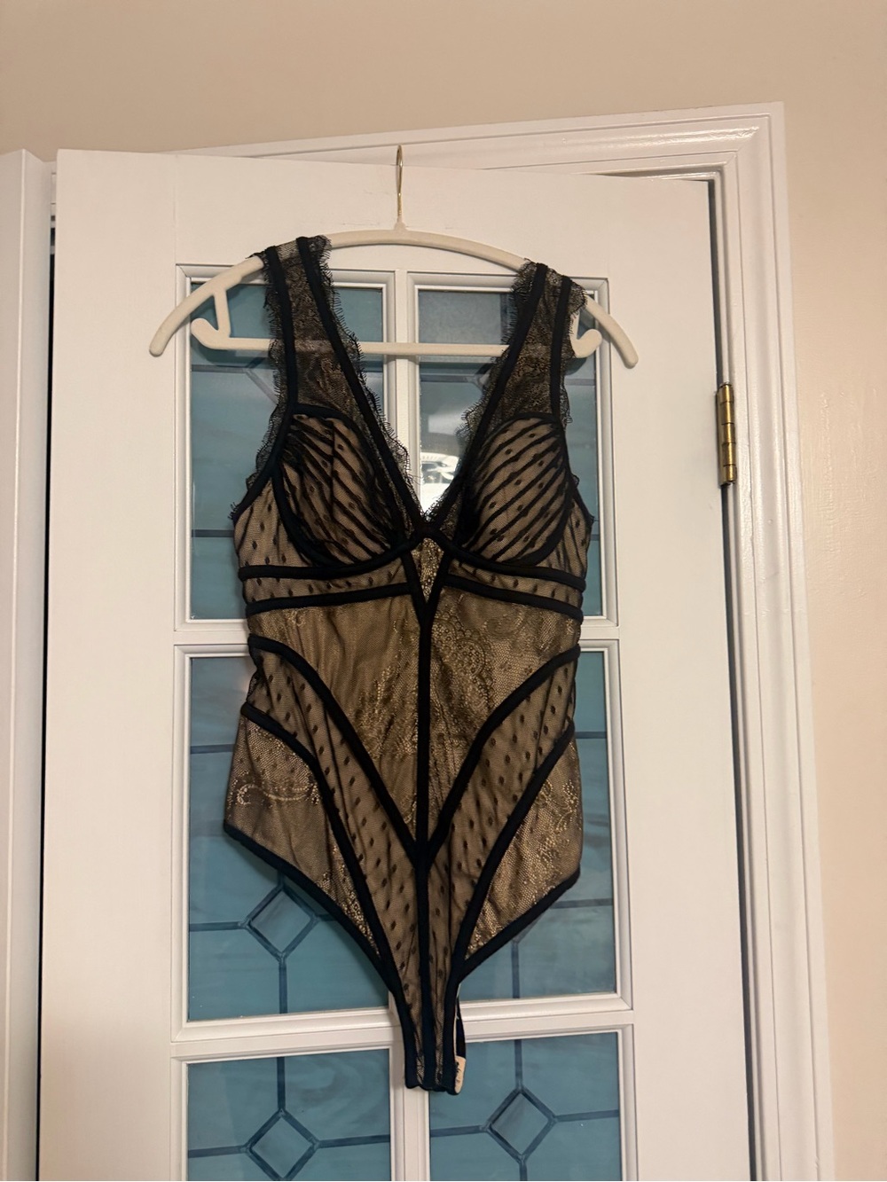bebe Black Lace & Nude Mesh Bodysuit